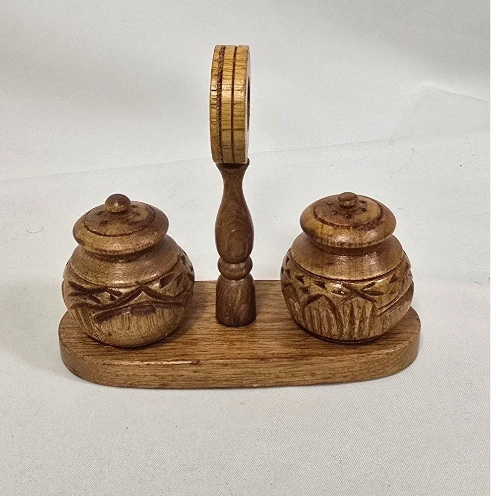 Vtg hand carved wood tiki huts salt pepper shakers